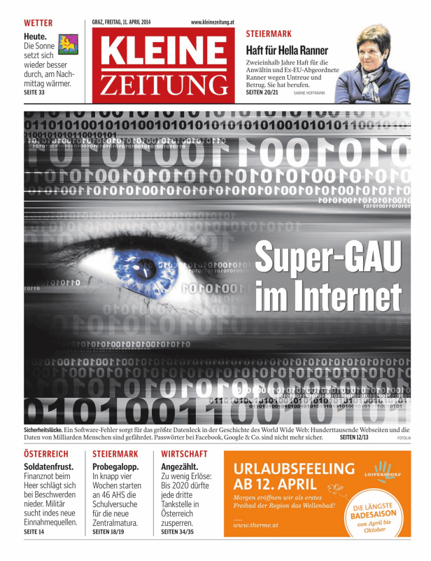 Titelseite der Kleinen Zeitung vom 11. April 2014 mit dem Titel „Super-GAU im Internet“.