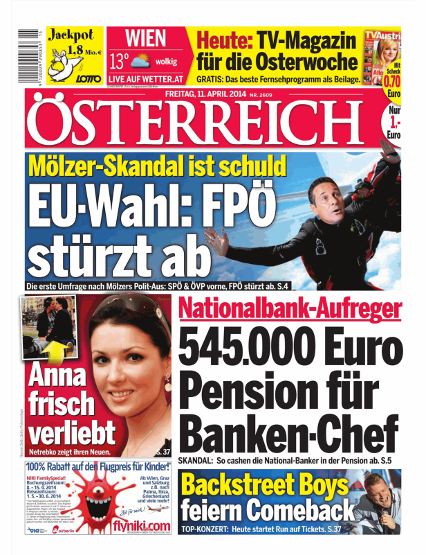 Titelseite der Zeitung „Österreich“ vom 11. April 2014 mit verschiedenen Schlagzeilen.