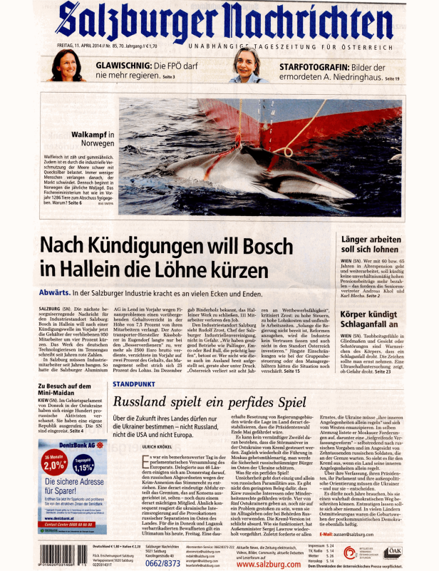 Titelseite der Salzburger Nachrichten vom 11. April 2014 mit Artikeln zu Walfang, Bosch und der Ukraine.
