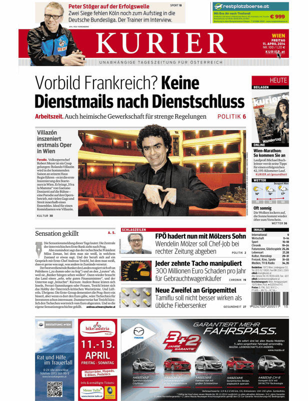 Titelseite des „Kurier“ vom 11. April 2014 mit Artikeln zu Politik, Kultur und Wirtschaft.