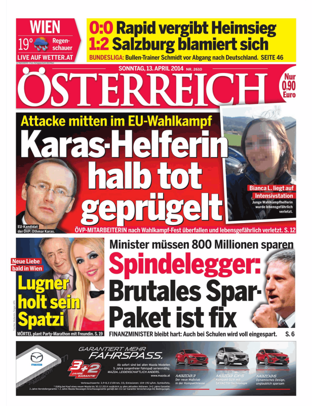 Titelseite der Zeitung „Österreich“ vom 13. April 2014 mit Schlagzeilen zu Politik und Sport.