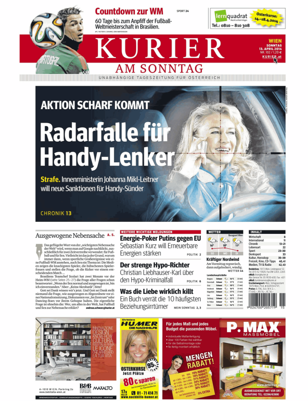Titelseite des Kurier am Sonntag mit einer Schlagzeile über Radarfallen für Handynutzer.