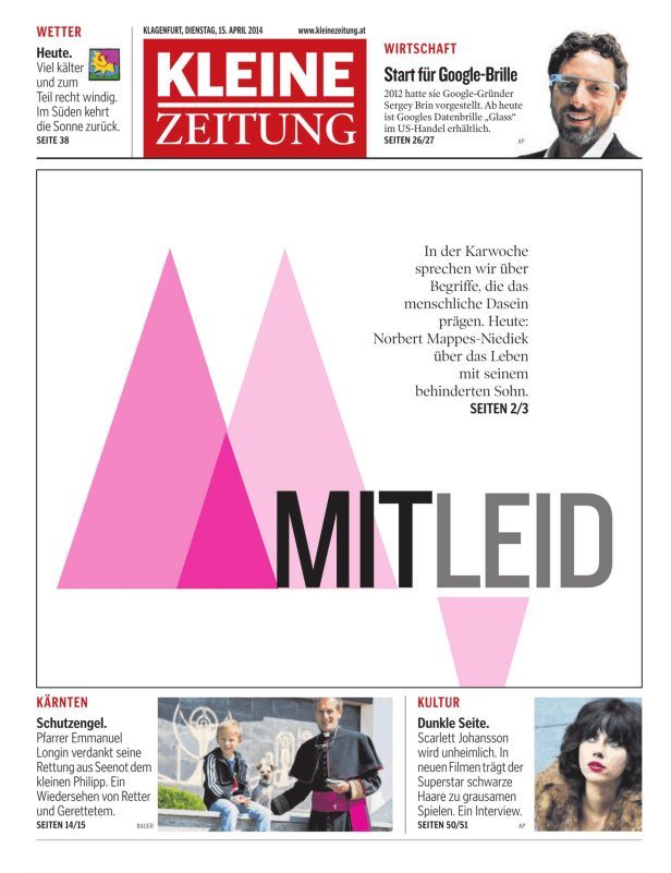 Titelseite der Kleinen Zeitung vom 15. April 2014.