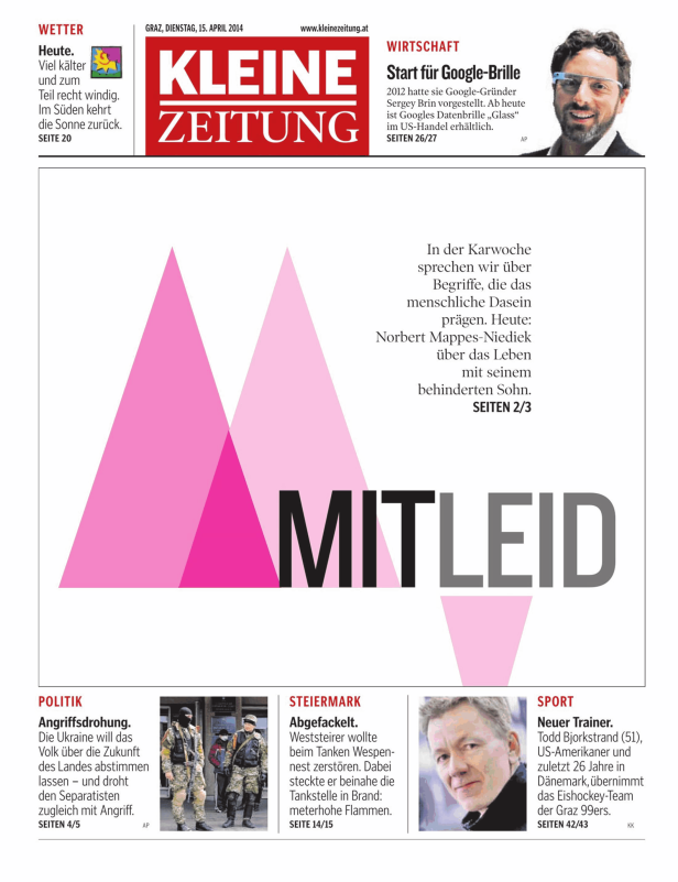 Titelseite der Kleinen Zeitung vom 15. April 2014 mit Artikeln zu verschiedenen Themen.