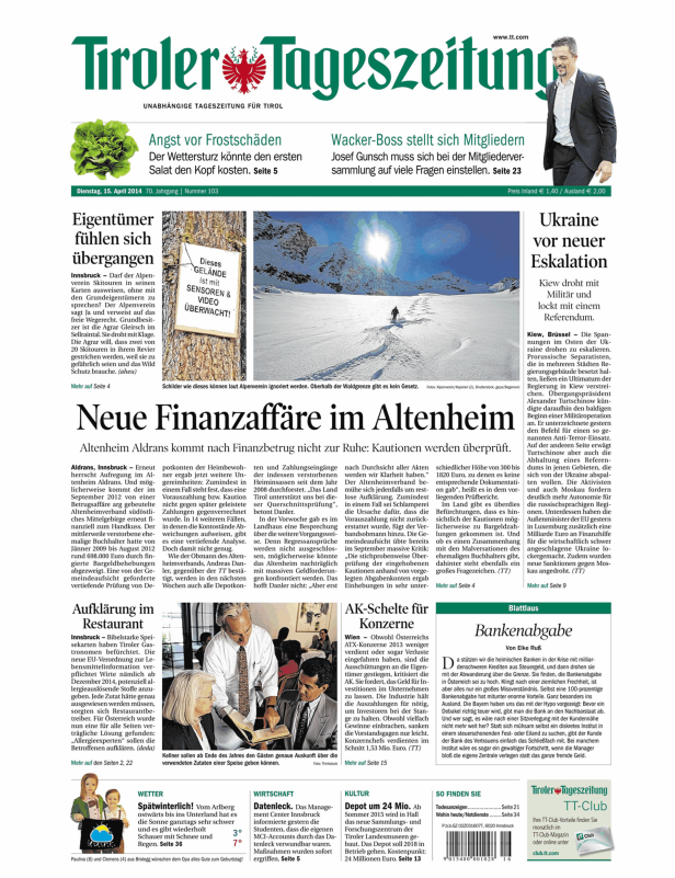 Titelseite der Tiroler Tageszeitung vom 15. April 2014.