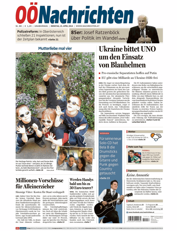 Vier Kinder mit Sonnenbrillen sind auf der Titelseite der OÖ Nachrichten abgebildet.