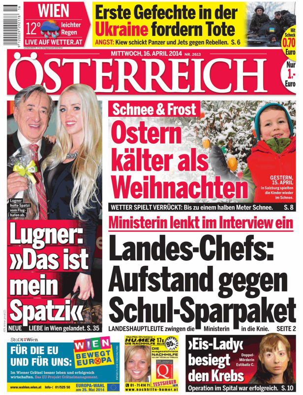 Titelseite der Zeitung „Österreich“ vom 16. April 2014 mit Meldungen zu Ukraine, Ostern und Richard Lugner.