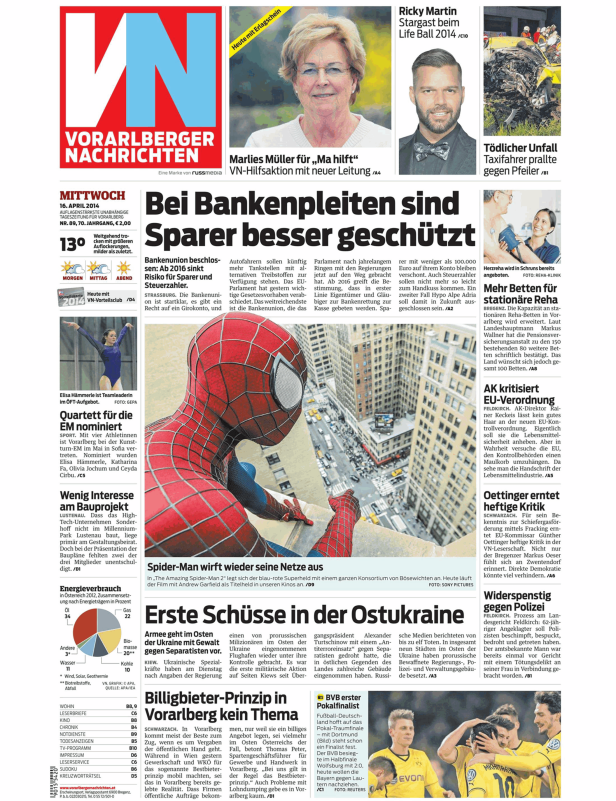 Eine Titelseite der Vorarlberger Nachrichten mit einer Meldung über den neuen „Spider-Man“-Film.