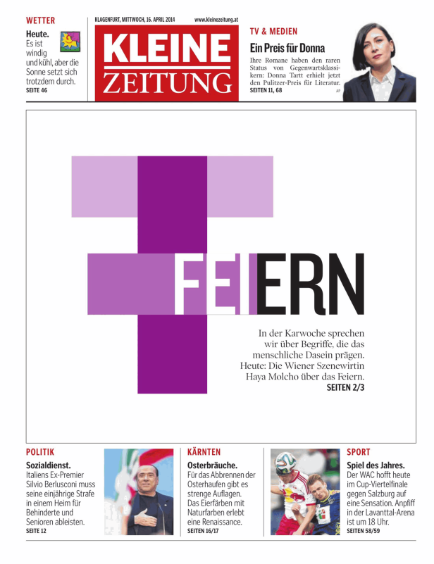 Titelseite der Kleinen Zeitung vom 16. April 2014 mit Artikeln zu Wetter, Medien, Politik, Kärnten und Sport.