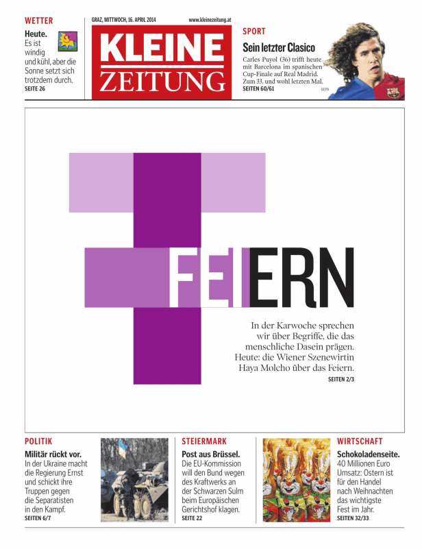 Titelseite der Kleinen Zeitung vom 16. April 2014 mit Artikeln zu Wetter, Sport, Politik, Wirtschaft und Steiermark.