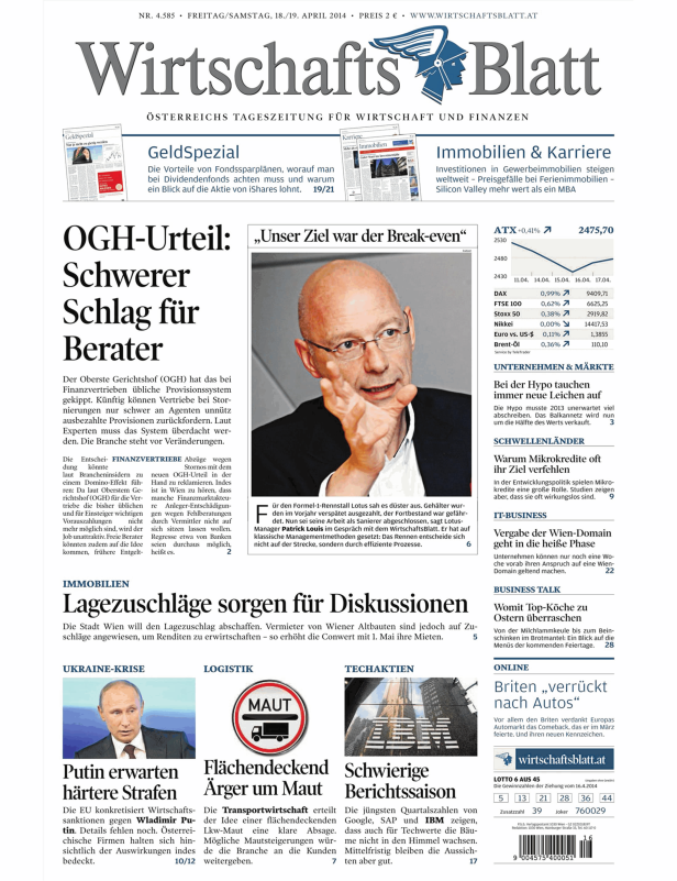 Titelseite des Wirtschaftsblatt vom 18./19. April 2014.