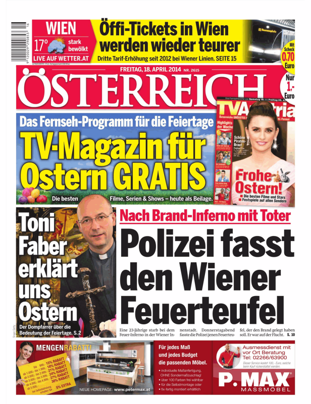 Titelseite der österreichischen Zeitung „Österreich“ vom 18. April 2014.
