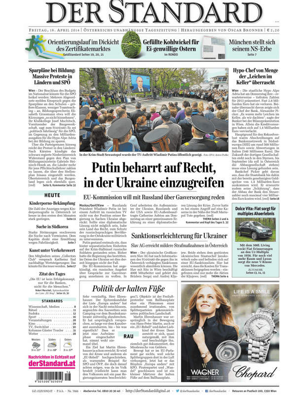 Titelseite der Zeitung „Der Standard“ vom 18. April 2014.