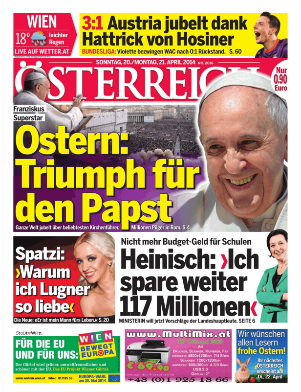 Titelseite der Zeitung „Österreich“ mit Papst Franziskus und der Schlagzeile „Ostern: Triumph für den Papst“.