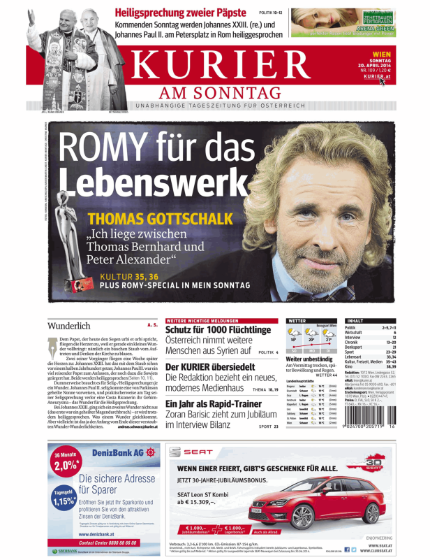 Titelseite des „Kurier am Sonntag“ mit Bildern von Papst Johannes Paul II. und Thomas Gottschalk.