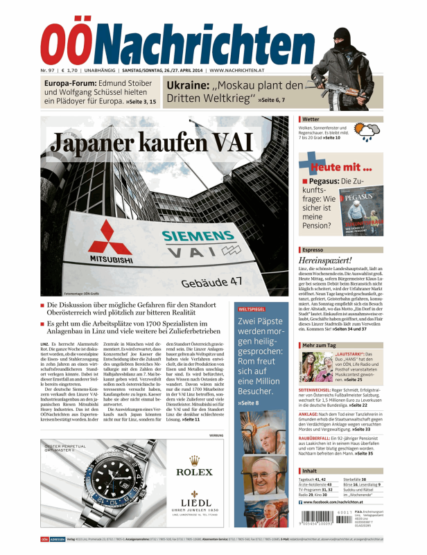 Titelseite der OÖNachrichten vom 26./27. April 2014 mit der Schlagzeile „Japaner kaufen VAI“.