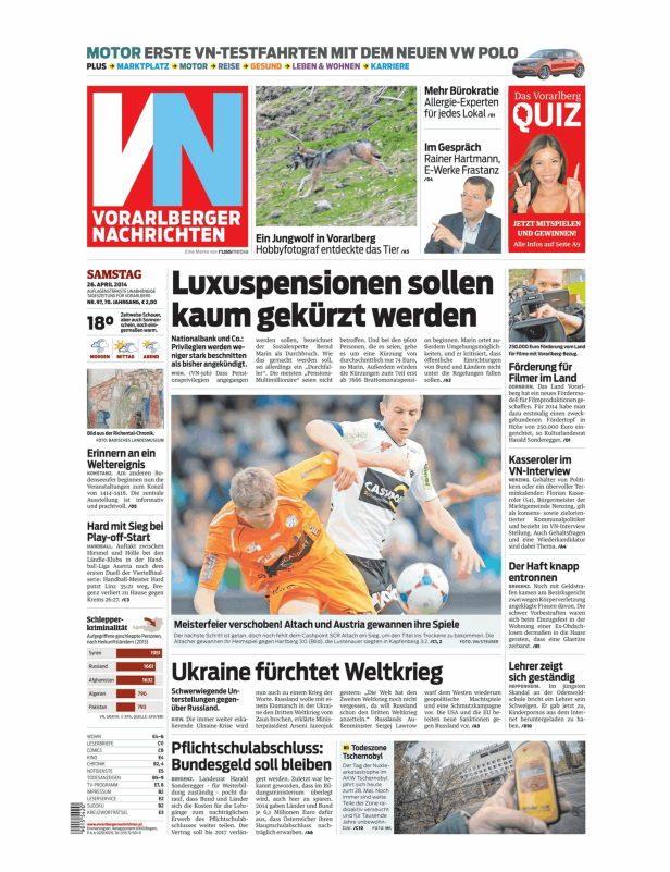 Titelseite der Vorarlberger Nachrichten vom 26. April 2014.