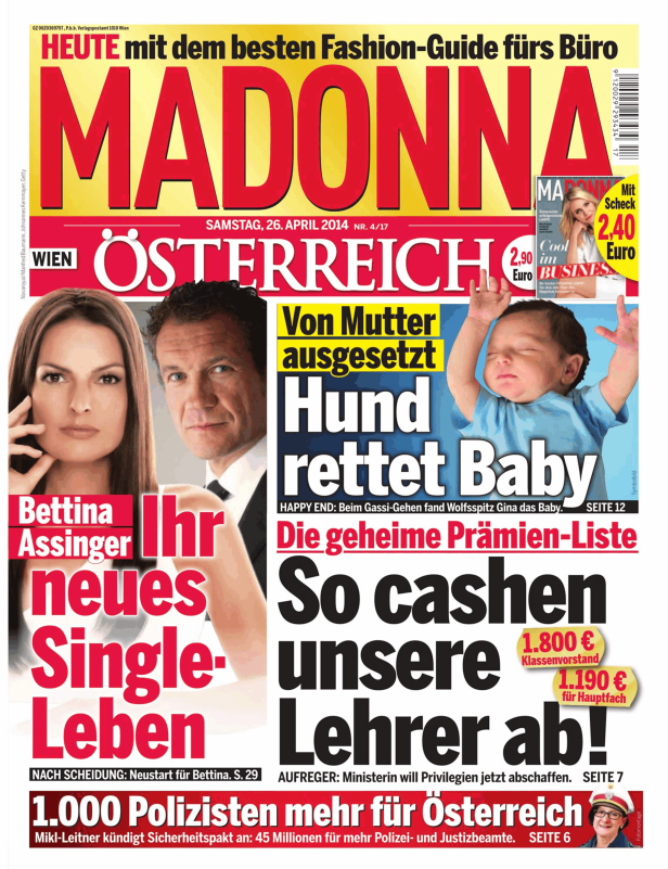 Titelseite der Zeitschrift „Madonna“ vom 26. April 2014 mit Bettina Assinger.