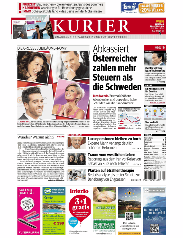 Titelseite der Zeitung „Kurier“ vom 26. April 2014 mit verschiedenen Artikeln und Anzeigen.