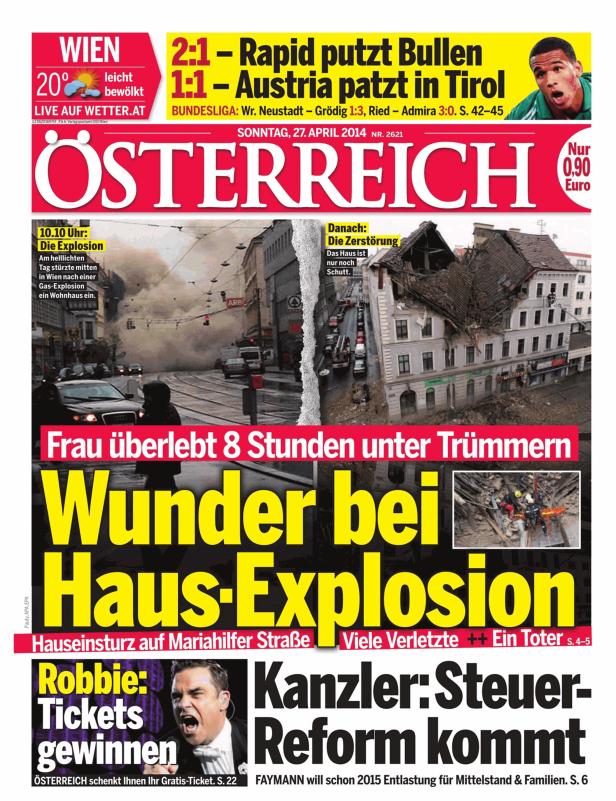 Titelseite der Zeitung „Österreich“ vom 27. April 2014 mit der Schlagzeile über eine Haus-Explosion in Wien.