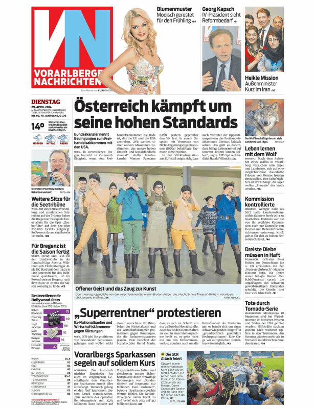 Eine Titelseite der Vorarlberger Nachrichten vom 29. April 2014.