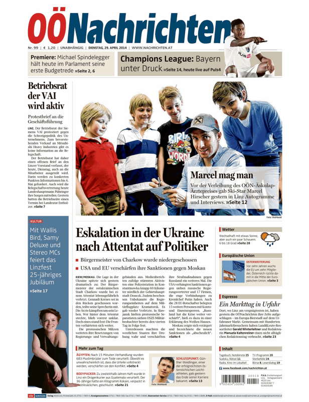 Titelseite der OÖNachrichten vom 29. April 2014 mit Meldungen zu Politik, Sport und Kultur.
