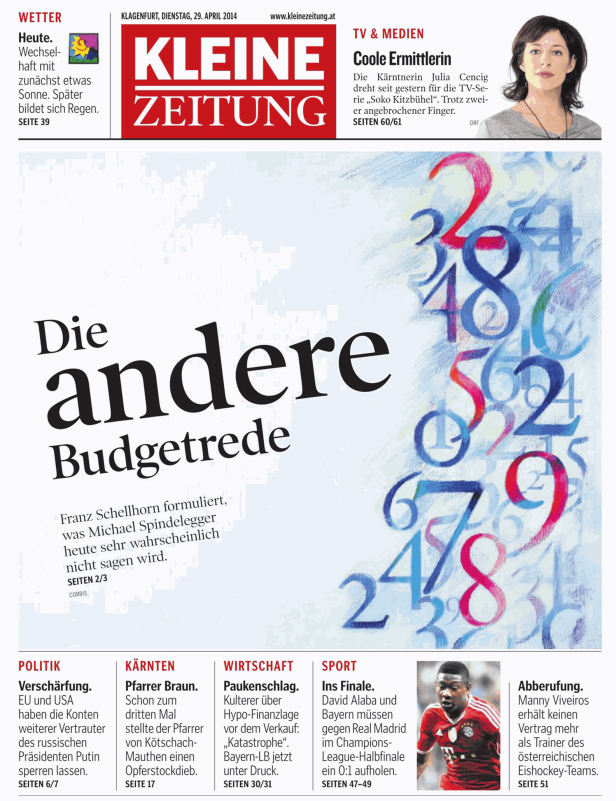 Titelseite der Kleinen Zeitung vom 29. April 2014.