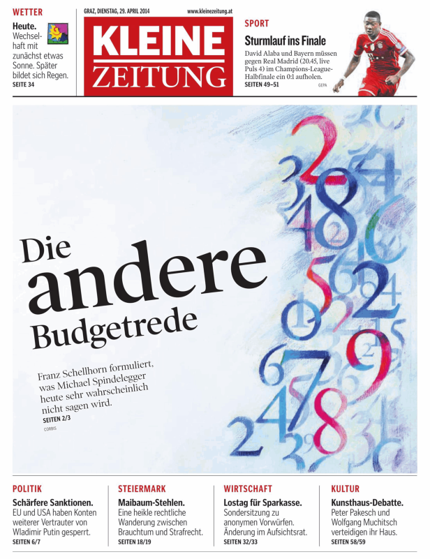 Titelseite der Kleinen Zeitung vom 29. April 2014 mit dem Titelthema „Die andere Budgetrede“.
