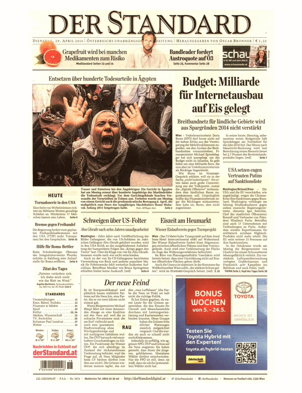 Titelseite der Zeitung „Der Standard“ vom 29. April 2014 mit Artikeln zu verschiedenen Themen.