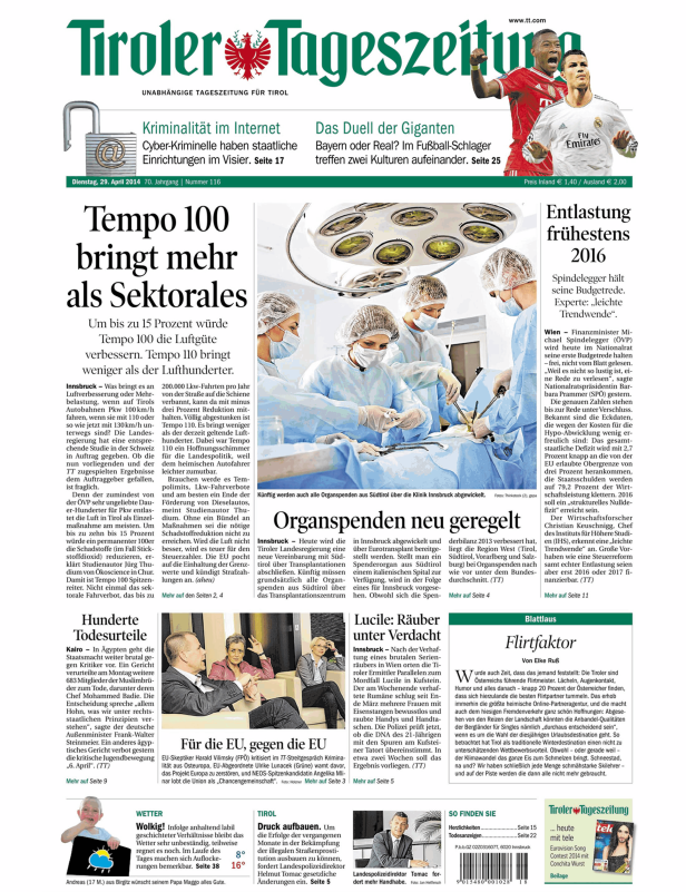 Titelseite der Tiroler Tageszeitung vom 29. April 2014.