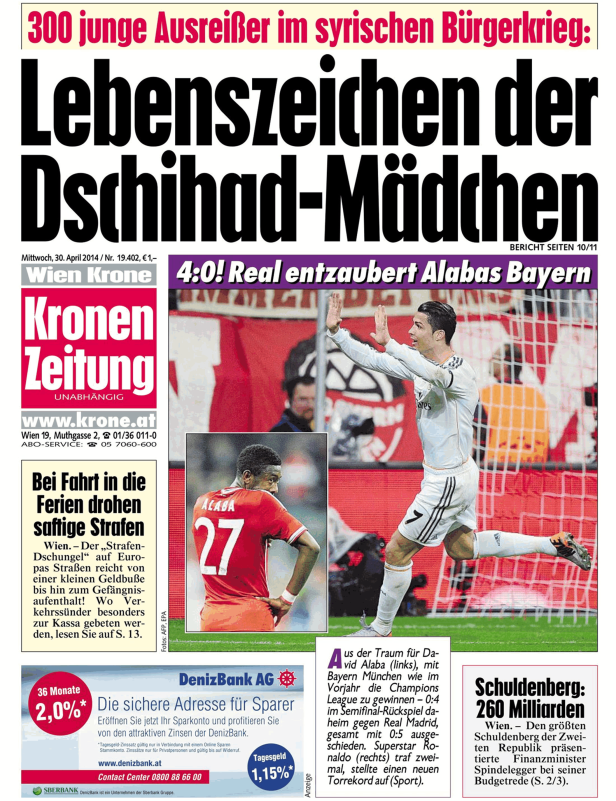 Titelseite der „Kronen Zeitung“ vom 30. April 2014 mit Bildern von David Alaba und Cristiano Ronaldo.