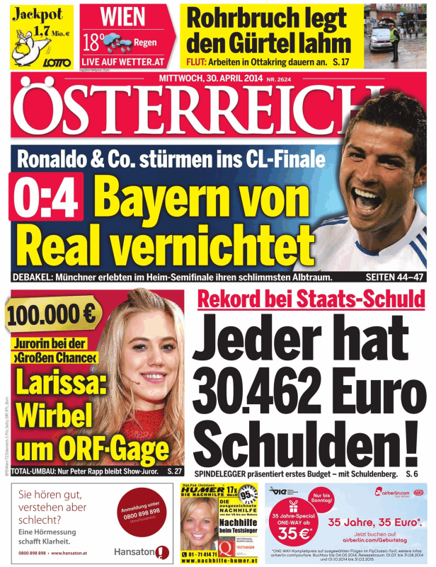Titelseite der österreichischen Zeitung „Österreich“ vom 30. April 2014.