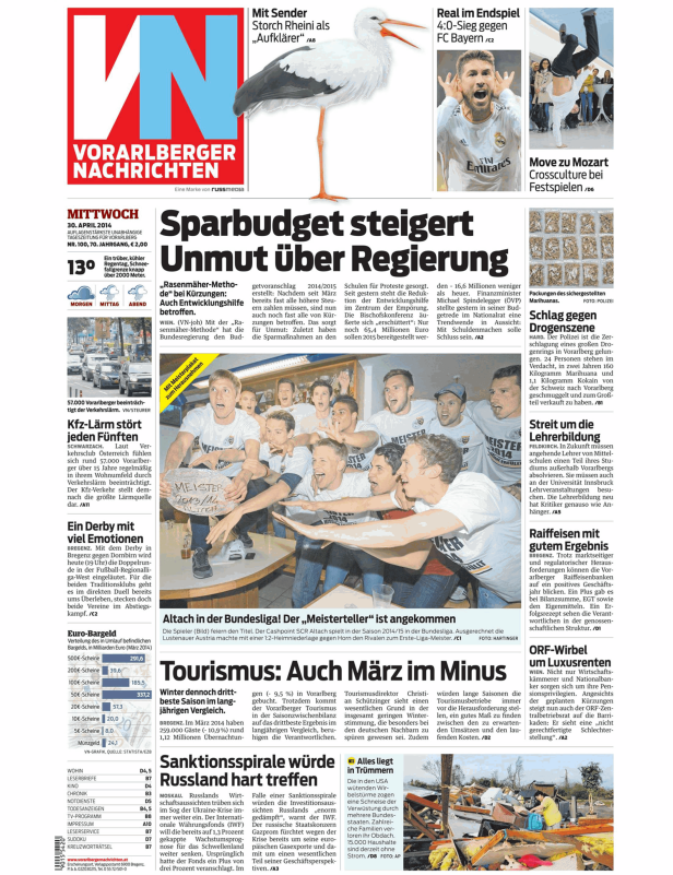 Titelseite der Vorarlberger Nachrichten vom 30. April 2014.