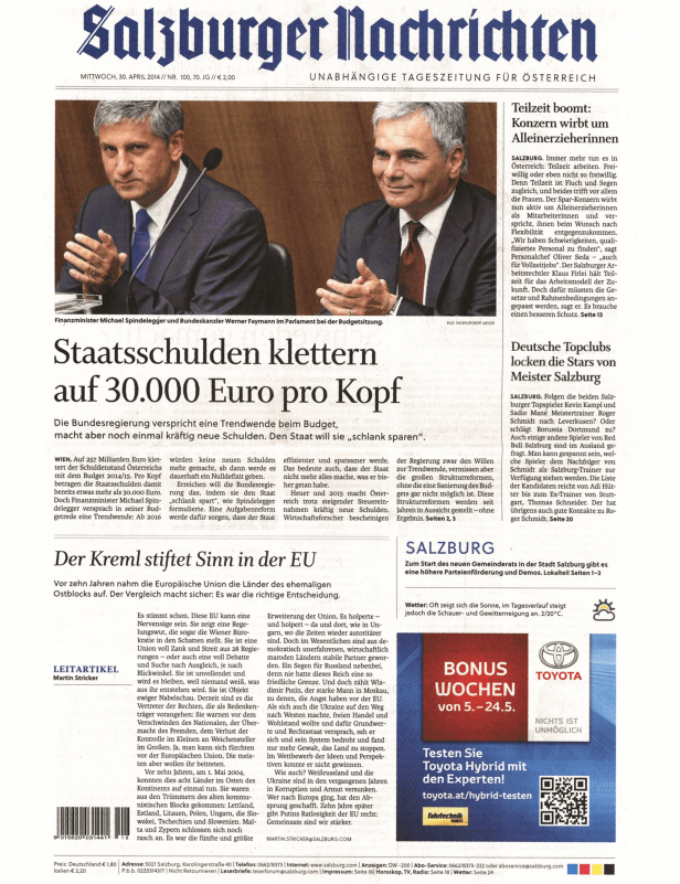 Titelseite der Salzburger Nachrichten mit einem Artikel über Staatsschulden und einem Foto von Michael Spindelegger und Werner Faymann.