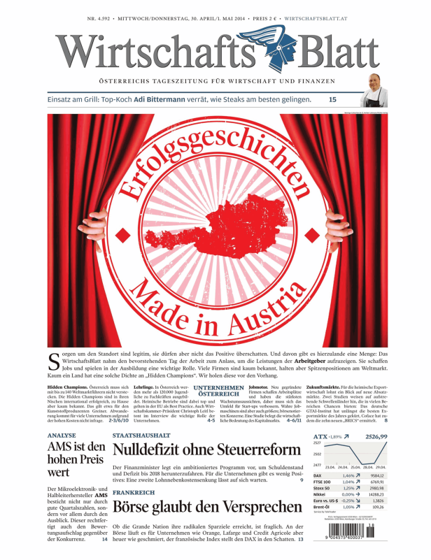 Titelseite des WirtschaftsBlatt mit dem Slogan „Erfolgsgeschichten Made in Austria“.
