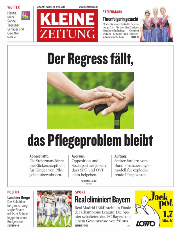Eine Hand stützt sich auf einen Gehstock; Symbolbild zum Thema Pflege.