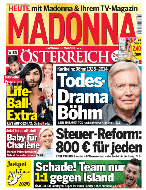 Titelseite der Zeitschrift „Madonna“ vom 31. Mai 2014 mit Karlheinz Böhm und Meldungen über den Life Ball.