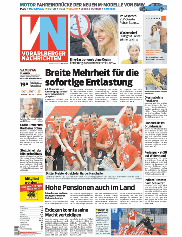 Titelseite der Vorarlberger Nachrichten vom 31. Mai 2014 mit verschiedenen Artikeln.