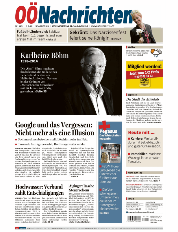 Titelseite der Oberösterreichischen Nachrichten vom 31. Mai/1. Juni 2014.