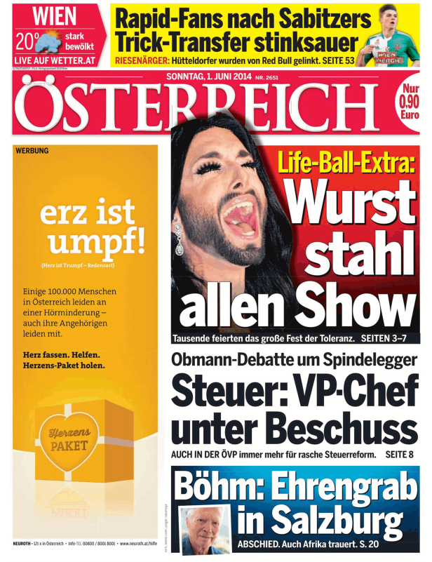 Titelseite der Zeitung „Österreich“ vom 1. Juni 2014 mit Conchita Wurst auf dem Titel.