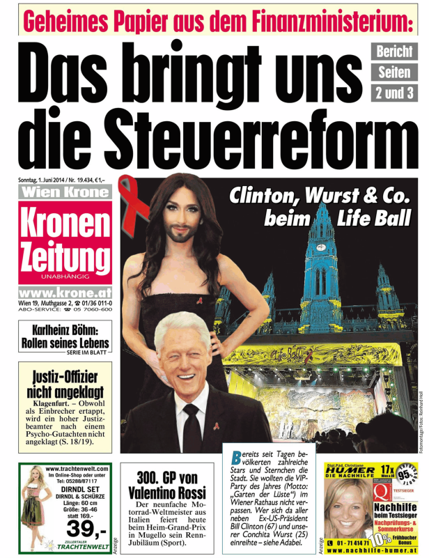 Titelseite der „Kronen Zeitung“ vom 1. Juni 2014 mit Bill Clinton und Conchita Wurst beim Life Ball.