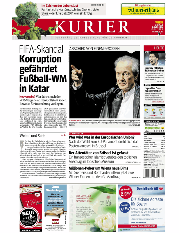 Titelseite des Kurier vom 2. Juni 2014 mit Schlagzeilen zu FIFA-Skandal und Abschied von Karlheinz Hackl.