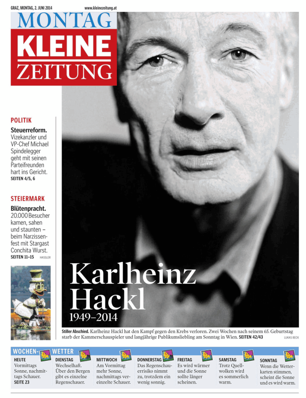 Schwarz-Weiß-Porträt des Schauspielers Karlheinz Hackl auf der Titelseite der Kleinen Zeitung.
