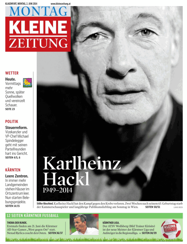Schwarz-Weiß-Porträt des Schauspielers Karlheinz Hackl auf der Titelseite der Kleinen Zeitung.