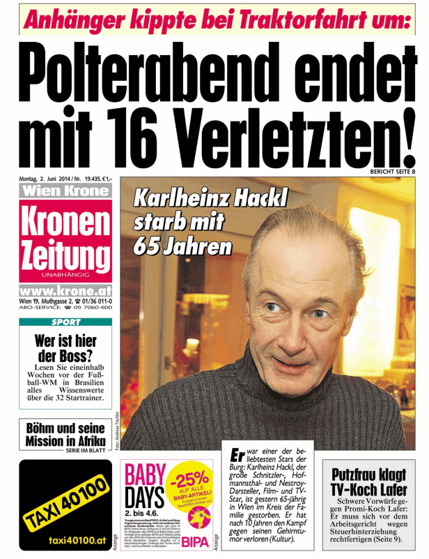 Titelseite der „Kronen Zeitung“ vom 2. Juni 2014 mit der Meldung vom Tod von Karlheinz Hackl.