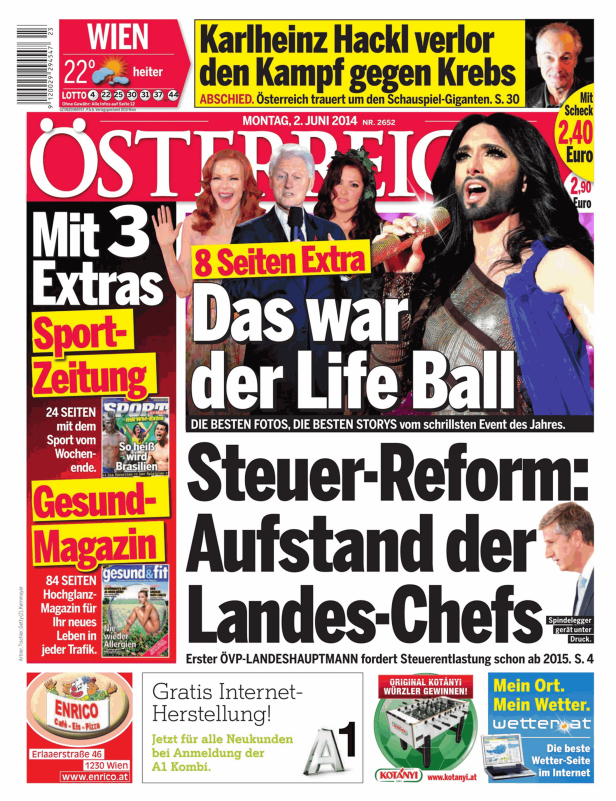 Titelseite der österreichischen Zeitung vom 2. Juni 2014 mit Conchita Wurst und Berichten über den Life Ball.