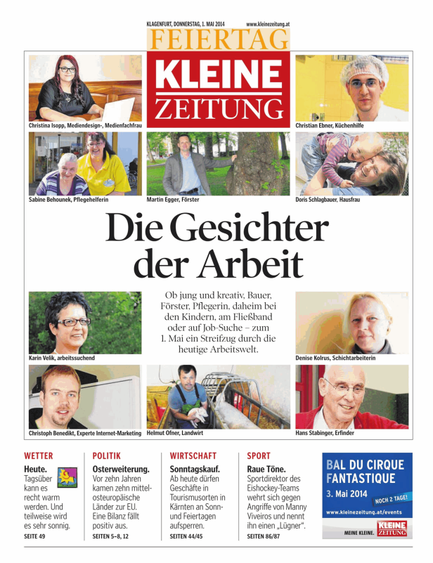 Titelseite der Kleinen Zeitung vom 1. Mai 2014 mit Porträts verschiedener Berufstätiger.