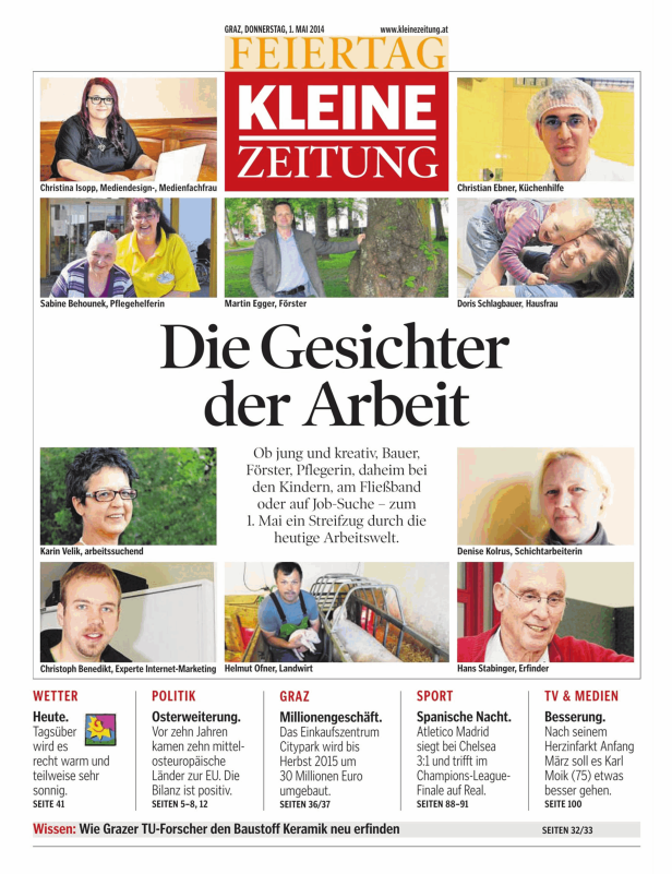 Titelseite der Kleinen Zeitung vom 1. Mai 2014 mit Porträts verschiedener Berufstätiger.