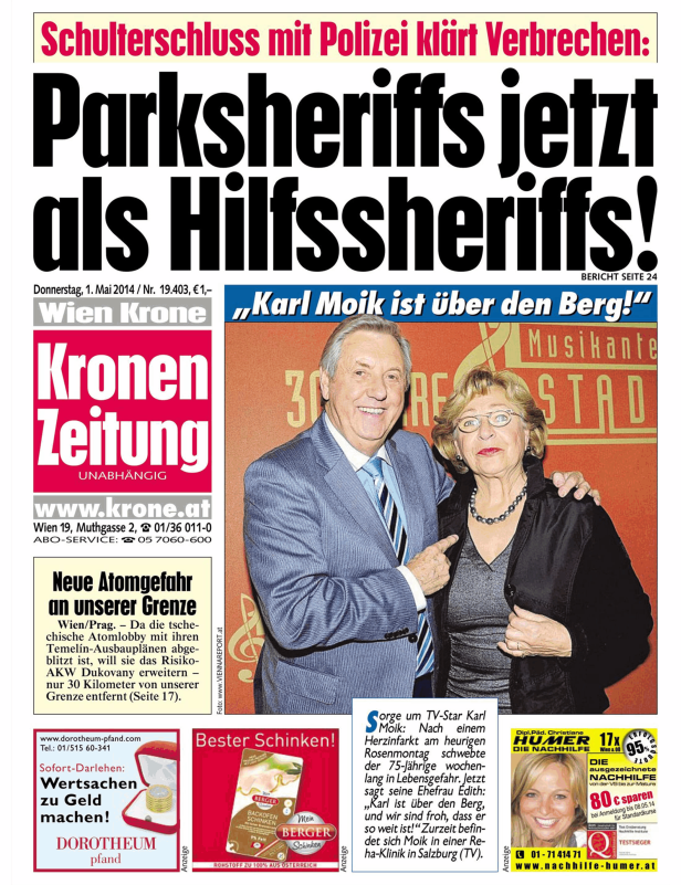 Titelseite der „Kronen Zeitung“ vom 1. Mai 2014 mit einem Artikel über Karl Moik.