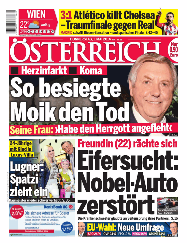 Die Titelseite der österreichischen Zeitung „Österreich“ vom 1. Mai 2014.